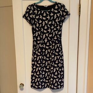 Boden Dark Blue and Cream Bird Print Midi Dress